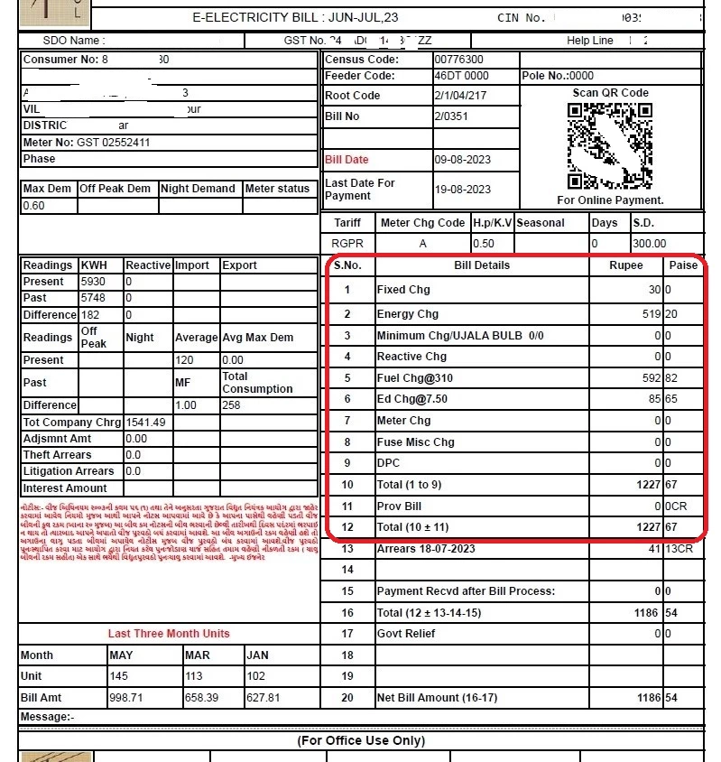 dgvcl bill charges in village rgpr