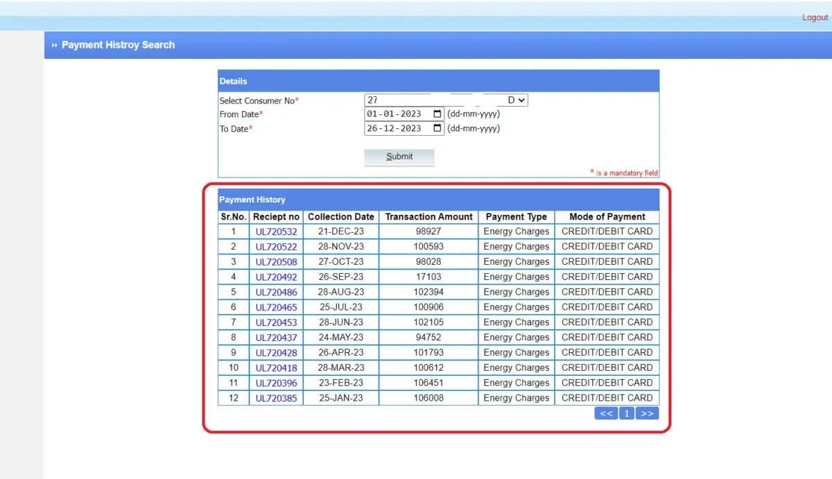 PGVCL HT Bill Payment History